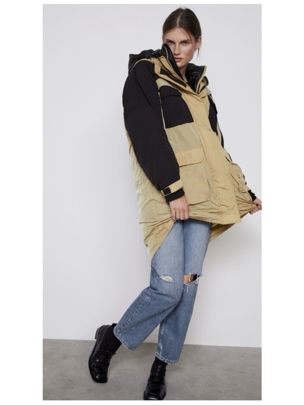 Zara Beige and Black Colorblock Puffer Parka